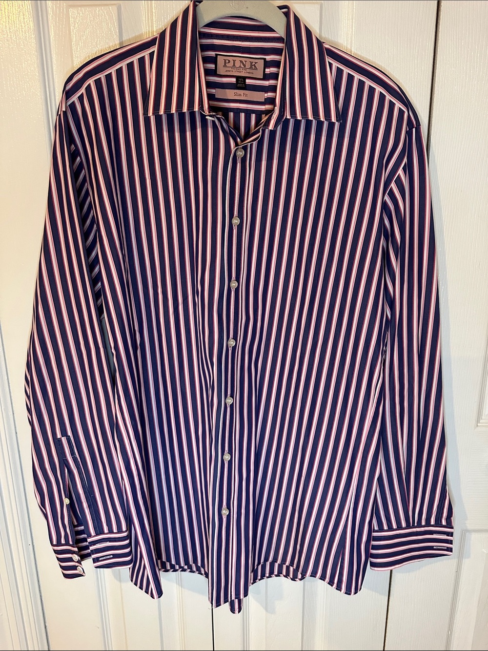 Thomas Pink Navy and Pink Vertical Stripe Dress Shirt | 16.5